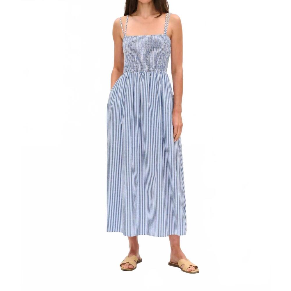 NEW SIX/FIFTY striped poplin smocked dress in blue/white